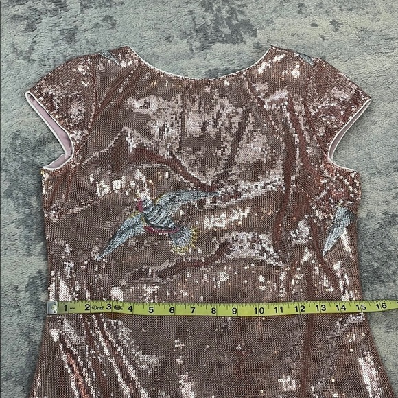 LOB Sequin Dress with Bird Embroidery Mini Shift V Back Sparkle Party Sz S - Picture 5 of 11